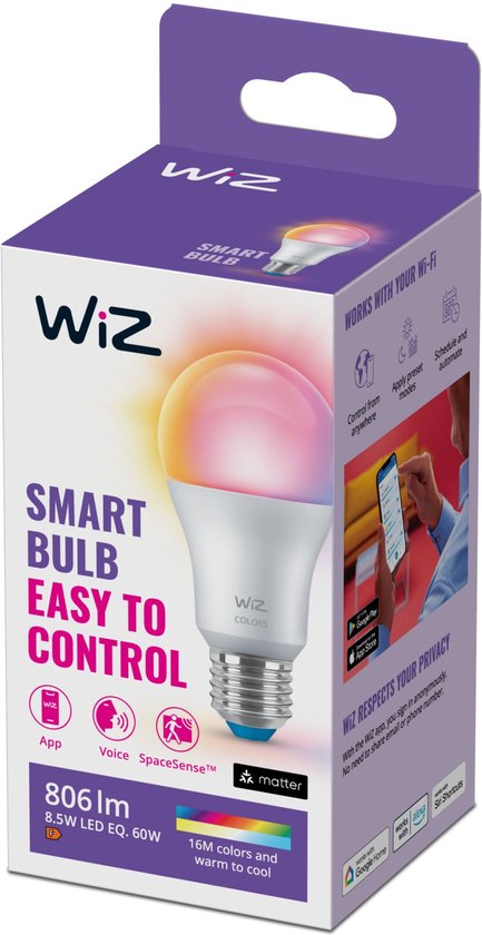 Ampoule WiZ 60 W A60 E27, Éclairage intelligent, Wit, E27, Wit, 806 lm, 8,5 W