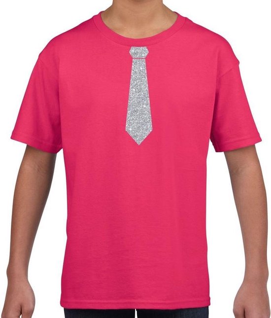 Roze fun t-shirt met stropdas in glitter zilver kinderen - feest shirt voor kids 110/116