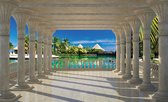 Fotobehang - Vlies Behang - 3D Uitzicht op het Paradijs vanaf het Terras met Pilaren - 368 x 254 cm