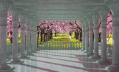 Fotobehang - Vlies Behang - 3D Uitzicht op de Bomen vol Bloemen vanaf het Terras met Pilaren - 312 x 219 cm