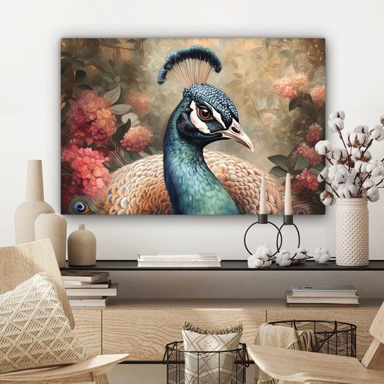 Tableau sur toile Paon - Vogel - Fleurs - Plantes - Plumes de Paon - 60x40 cm - Décoration murale
