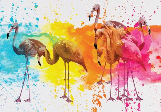 Behang - Fotobehang Flamingo En Een Vogel In De Jungle - Zwart Wit Breedte 155 Cm X Hoogte 240 Cm
