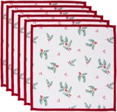 HAES DECO - Set de 6 Serviettes (Textile) - format 40x40 cm - coloris Wit / Rouge / Marron / Vert - en 100% Katoen - Collection : Holly Christmas