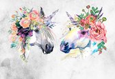 Fotobehang - Vlies Behang - Bohemian Unicorns met Bloemen - Kunst - 254 x 184 cm