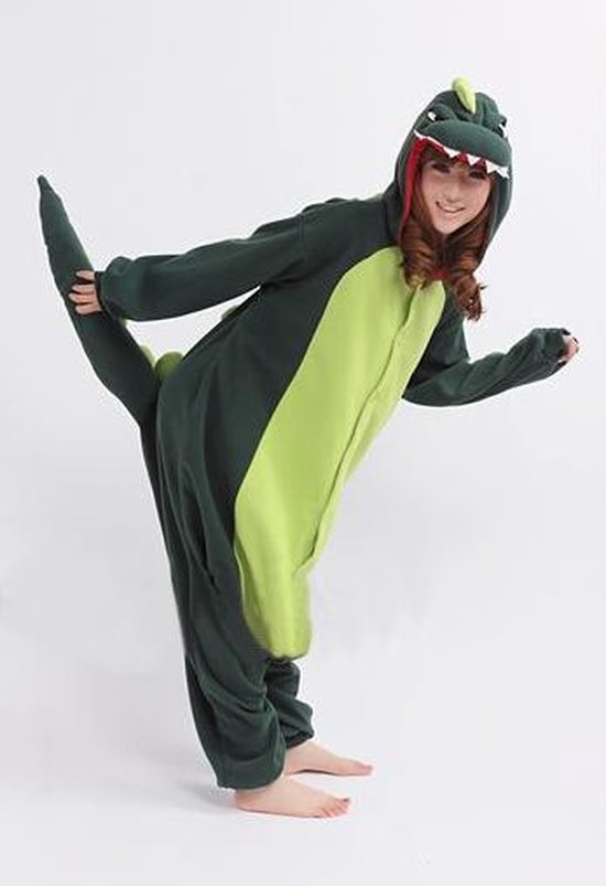 KIMU Onesie groene draak pak kostuum krokodil dino - maat M-L - drakenpak jumpsuit huispak