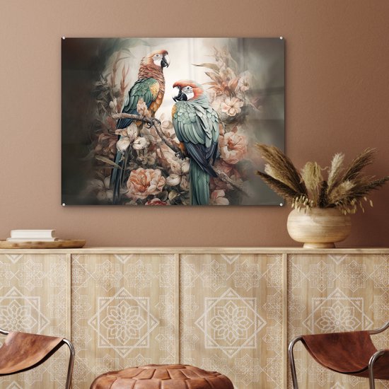 MuchoWow® Peinture sur verre 80x60 cm - Peinture sur verre acrylique - Perroquets - Vogels - Nature - Fleurs - Photo sur verre - Décoration murale salon - Décoration murale chambre - Peintures