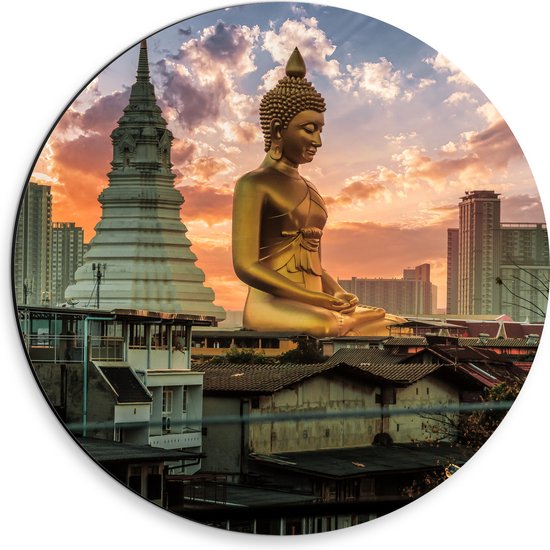 Dibond Muurcirkel - Gouden Boeddha voor Wat Paknam Phasi Charoen in Bangkok, Thailand - 30x30 cm Foto op Aluminium Muurcirkel (met ophangsysteem)