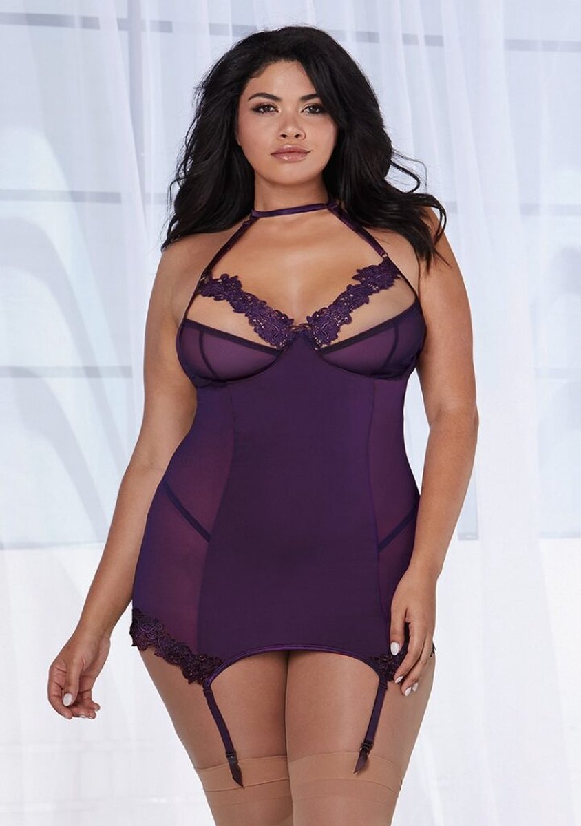 Goedkoopste Dreamgirl (All) Microfiber & Mesh Kousenband Slip - Plus Size purple Queen Size
