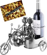 BRUBAKER Wijnflessenhouder motorfiets paar met zijwagen en hond - metalen sculptuur met wenskaart - Wijnrek