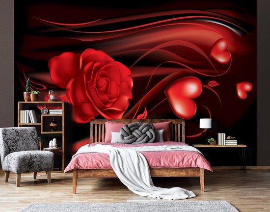Une chambre avec un papier peint photo représentant une rose rouge, des cœurs et des lignes ondulées.