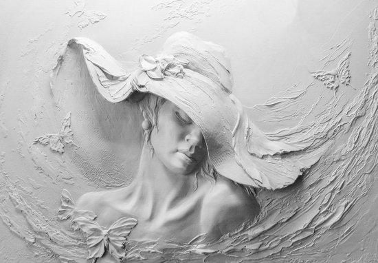 Foto: Fotobehang vlies behang vrouw en hoed sculptuur kunst 254 x 184 cm