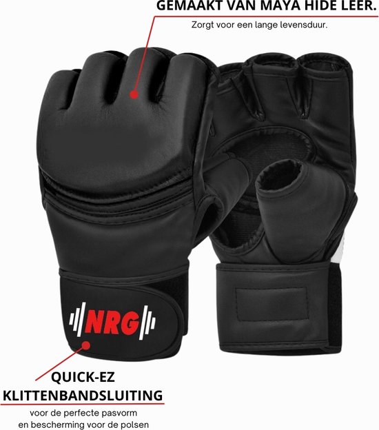 Gants de MMA noirs en cuir Maya Hide avec logo NRG et fermeture velcro.