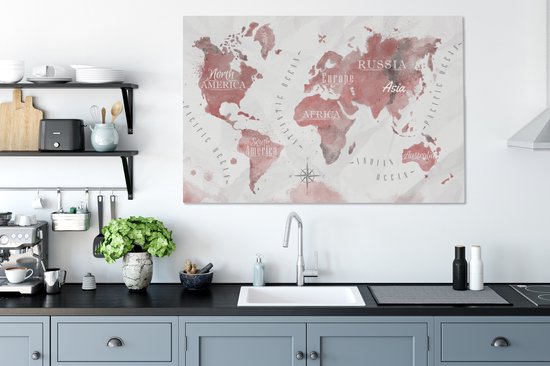 Peintures Toile Wereldkaart - Peinture - Rose - 120x80 cm - Décoration murale