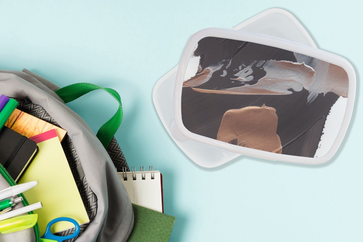 Broodtrommel Wit - Lunchbox - Brooddoos - Abstract - Verf - Goud - 18x12x6 cm - Volwassenen