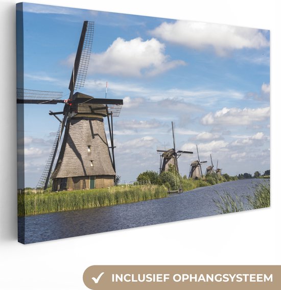 De Nederlandse Molens van Kinderdijk in Europa Canvas 90x60 cm - Foto print op Canvas schilderij (Wanddecoratie woonkamer / slaapkamer)