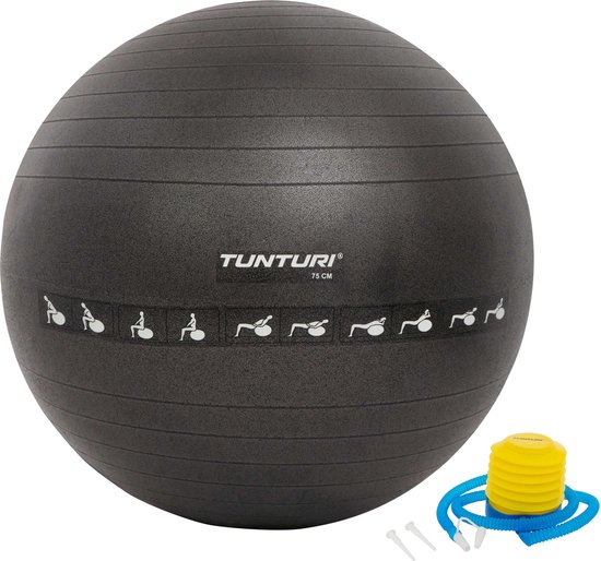 Tunturi Fitnessbal - Gymball - Swiss ball - 75 cm - Anti burst - Inclusief pomp - Zwart - Incl. gratis fitness app