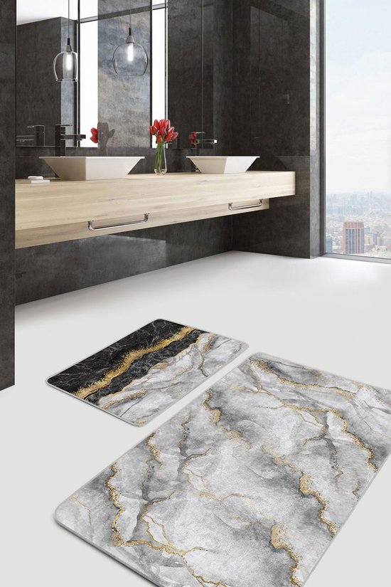 Badmat antislip 2 stuk set - 60x100 & 50x60 - Wc mat - Toiletmat - Marmeren Patroon - Deurmat - De Groen Home