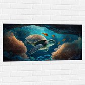 Muursticker - Cartoon van Zeeschildpad Zwemmend in Grotten op Zeebodem - 100x50 cm Foto op Muursticker