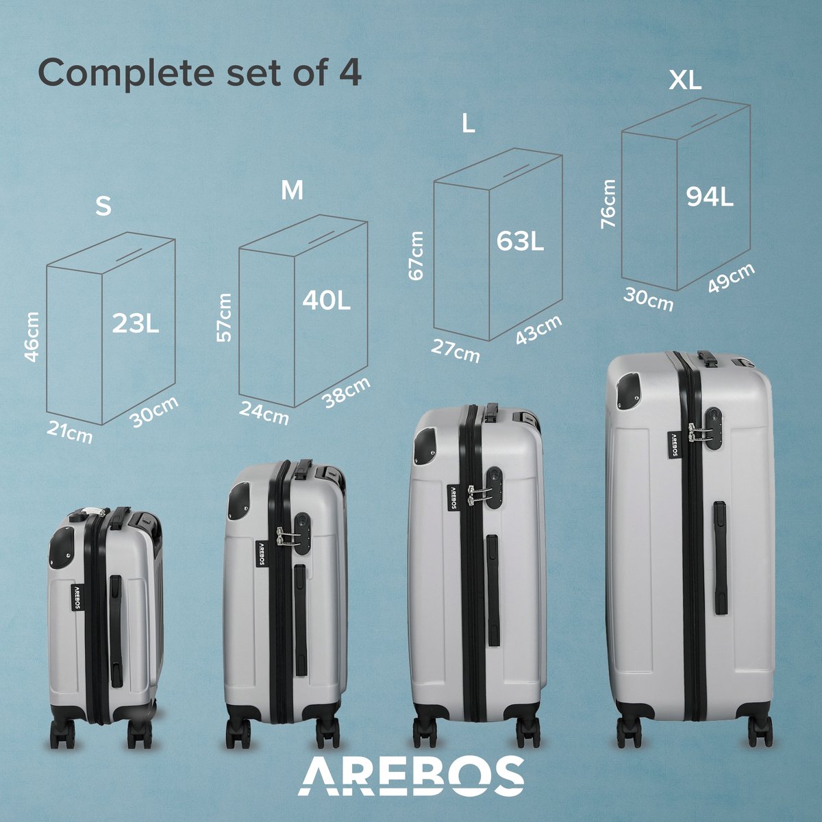 Lot de 4 valises de voyage - Coque rigide en ABS - Avec poignée  télescopique - Serrure TSA avec roulettes à 360° - S-M-L-XL - Noir