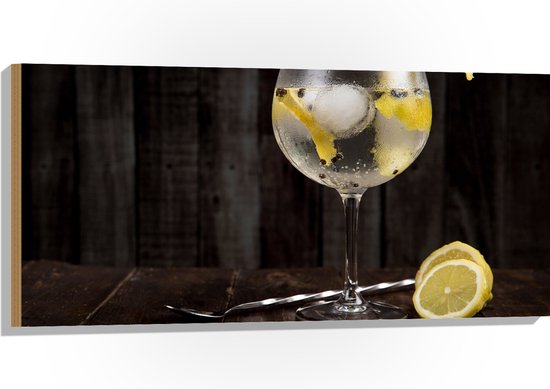 Hout - Gin Tonic met Citroenschijfjes - 100x50 cm - 9 mm dik - Foto op Hout (Met Ophangsysteem)