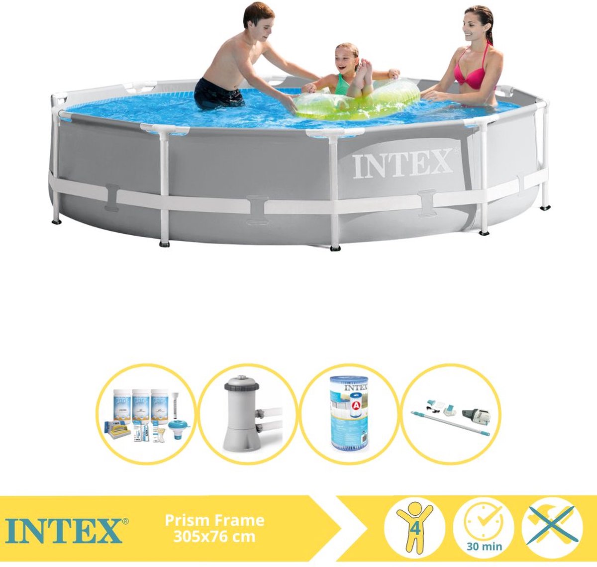 Intex Rond Prism Frame Zwembad - 366 x 76 cm - Grijs - Inclusief Pomp - Onderhoudspakket - Filter - Stofzuiger - 5-delig