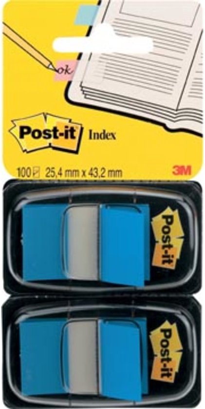 Post-it Index Standaard, ft 25,4 x 43,2 mm, blauw, blister van 2 stuks