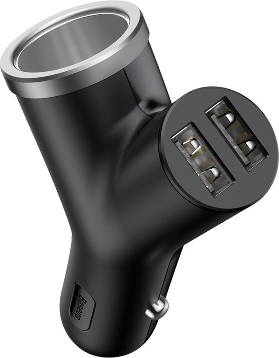 Baseus Y Type Autolader 2x USB 1x Sigarettenaansteker Splitter Zwart