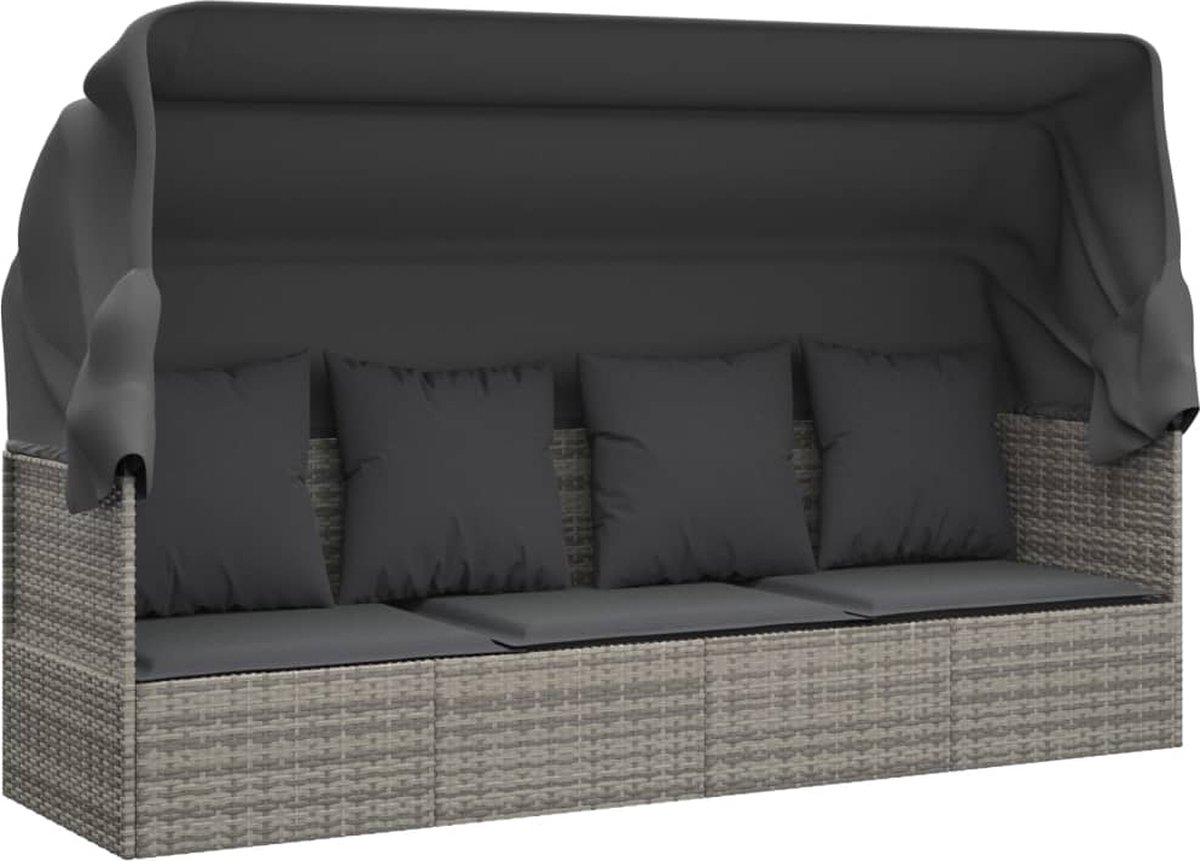 vidaXL - Loungebed - met - luifel - en - kussens - poly - rattan - grijs