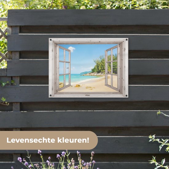 Tuinposter 80x60 cm - Tuindecoratie Doorkijk - Strand - Zand - Poster voor in de tuin - Buiten decoratie - Schutting tuinschilderij - Tuindoek muurdecoratie - Wanddecoratie balkondoek