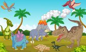 Fotobehang Kleurrijke Dinosaurussen En Vulkaan - Vliesbehang - 368 x 280 cm