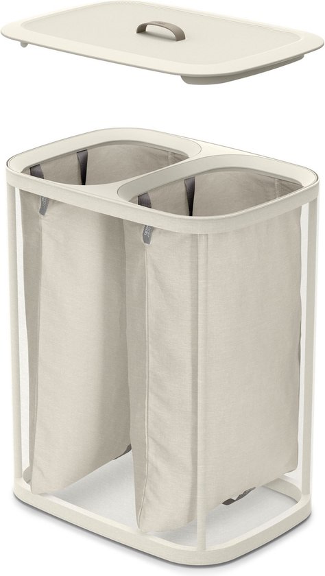 Wasmand met twee vakken, ecru, met deksel.