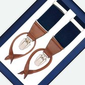 Hein Strijker Donkerblauwe bretels met banden van elastisch canvas en luxe leren afwerking in de kleur cognac bruin