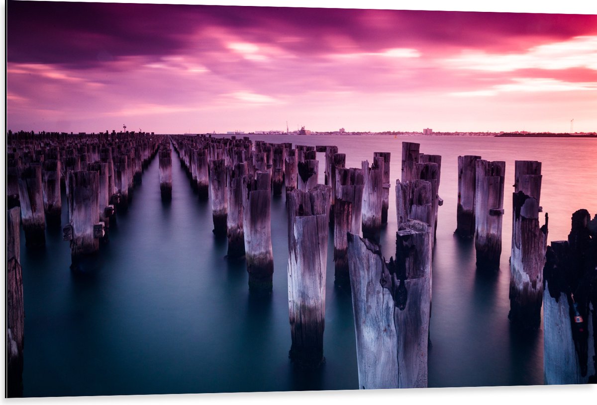 Dibond - Palen - Water - Hout - Zee - Kleuren - 105x70 cm Foto op Aluminium (Wanddecoratie