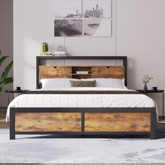 VECELO Bedframe 140 x 200 cm, bedframe met dik houten hoofdeinde, tweepersoonsbed, metalen bed met lattenbodem, modern logeerbed, jeugdbed, perfect voor volwassenen en jongeren, zwart VECELO Bedframe 140 x 200 cm, bedframe met dik houten hoofdeinde, tweepersoonsbed, metalen bed met lattenbodem, modern logeerbed, jeugdbed, perfect voor volwassenen en jongeren, zwart