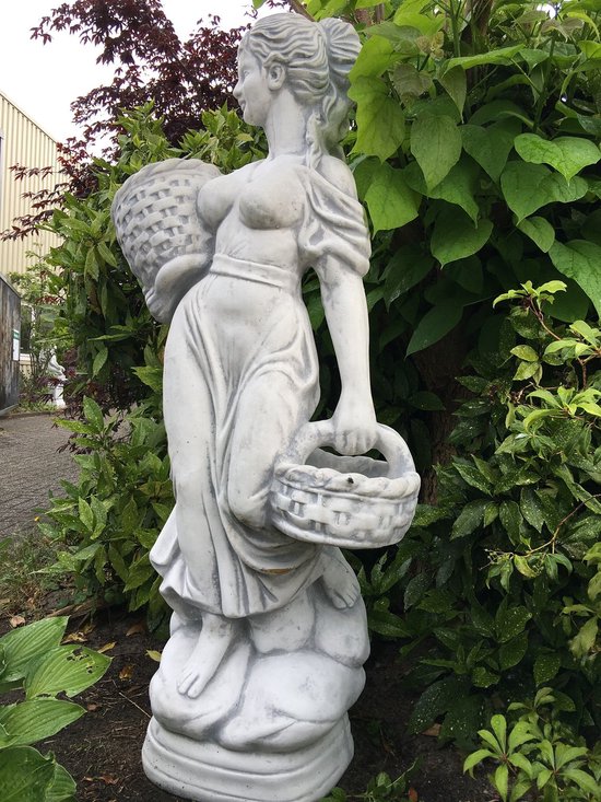 Statue de jardin femme/dame aux paniers fleuris, pierre, grande