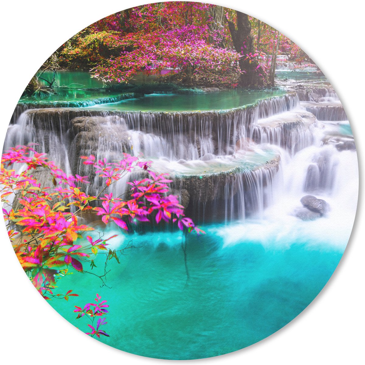 Muismat rond 20x20 cm - Mousepad Waterval - Zon - Bomen - Regenboog - Natuur - Ronde muismatten