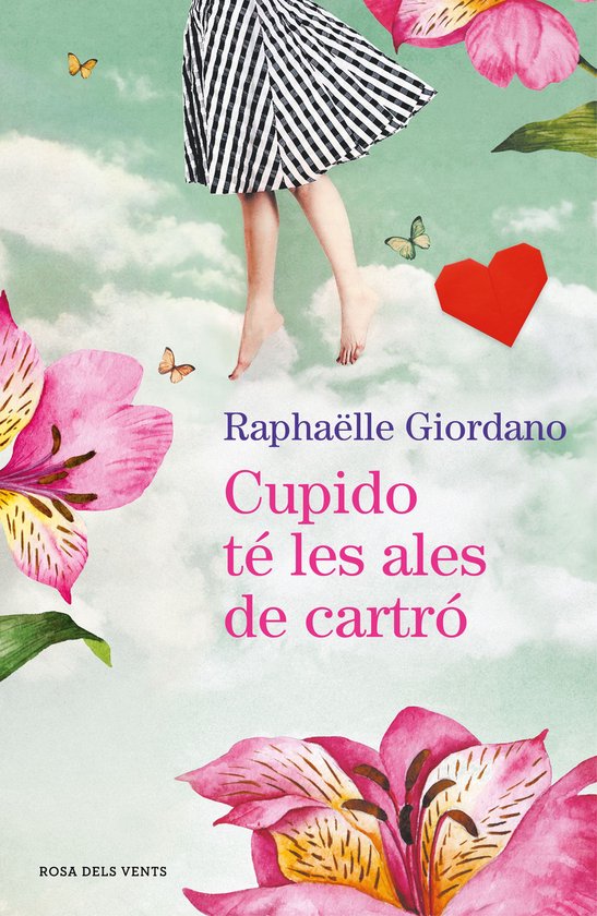 Boekomslag: benen in een zwart-wit gestreepte rok zwevend boven wolken, met roze bloemen, vlinders en een rood hart.