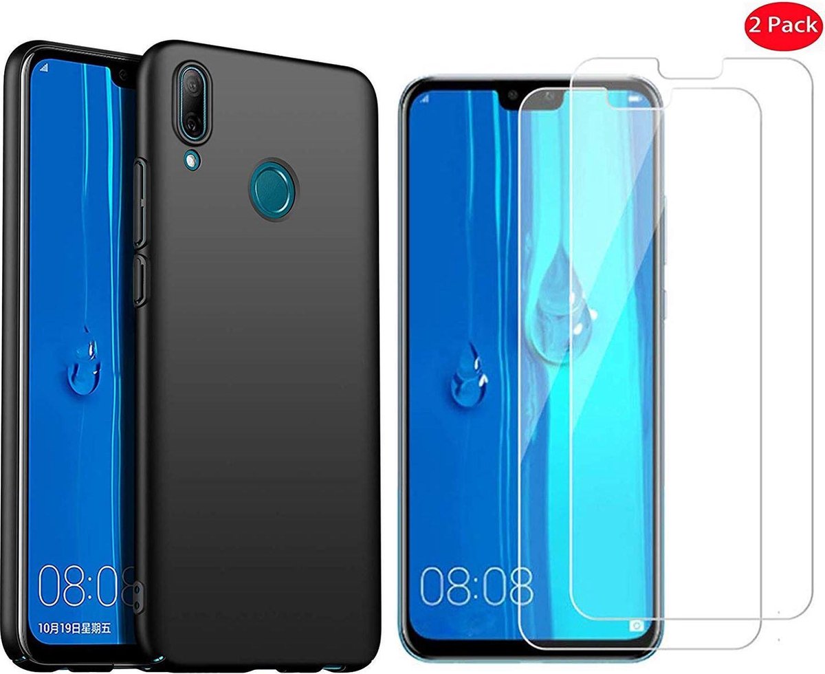 Hoesje Geschikt voor: Huawei P Smart Plus 2019 Zwart TPU Siliconen Soft Case + 2X Tempered Glass Screenprotector op Prijzenvolger.com