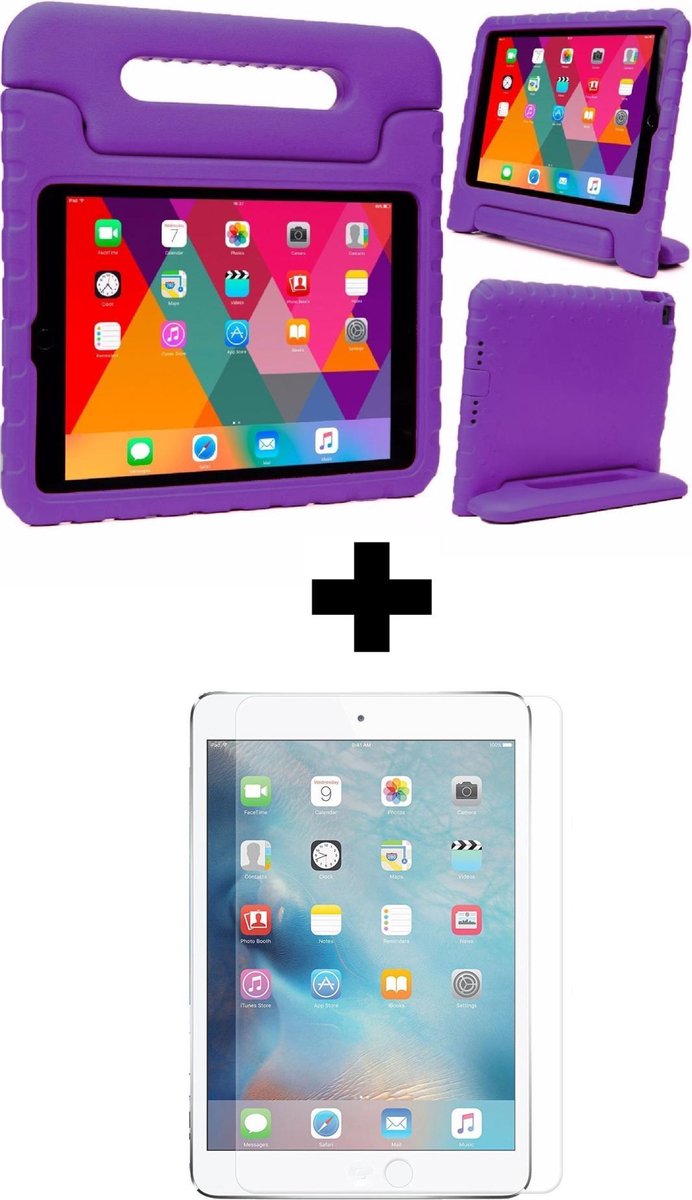 Hoesje - Geschikt voor Apple iPad 6 (2018) - 9.7 inch - 6e Generatie - Met Screenprotector - Kinderhoes - Shockproof Bumper - Kidsproof Case - Tablethoes - Kinder Hoes Cover - Paars