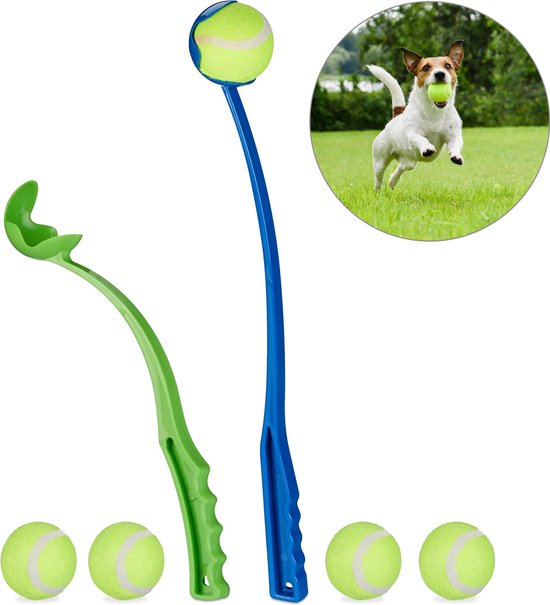 relaxdays ballenwerper voor honden - 2 werpstokken + 5 ballen - ballengooier - speelgoed
