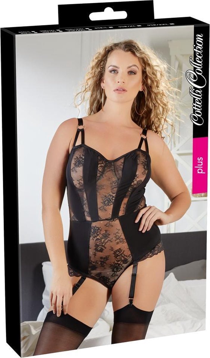 Goedkoopste Cottelli Plus Size – Jarretel Body Lingerie Set met Transparante Delen en Verticale Stukken Vrouwelijk en Uitdagend – Maat 85E/L – Zwart
