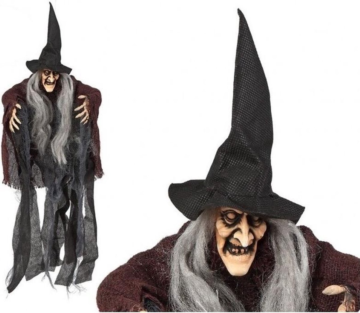 Décoration Halloween horreur poupée sorcière sur balai - 25 cm - noir/violet  