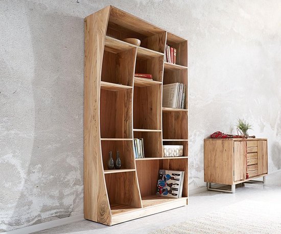 Massief houten boekenrek live-edge hout acacia natuur 121 cm rechts staande boekenrek
