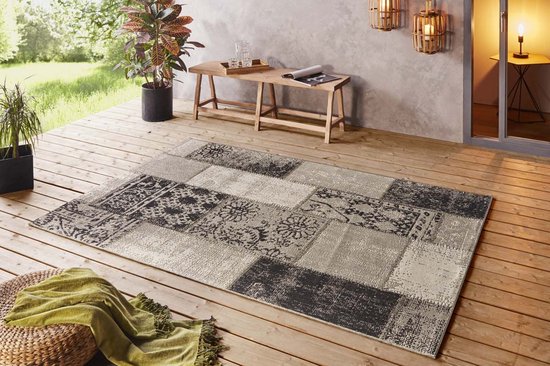 Binnen & buiten vloerkleed patchwork Symi - zwart/taupe 200x290 cm