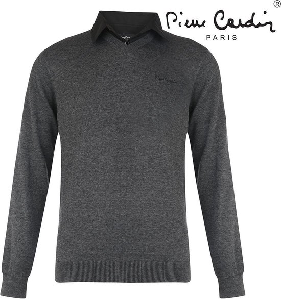 Pierre Cardin - Heren V-hals trui met overhemdkraag - Donkergrijs | bol.com
