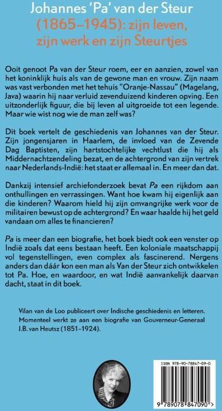 Achterkant boek met portret van een vrouw en tekst over Johannes 'Pa' van der Steur.