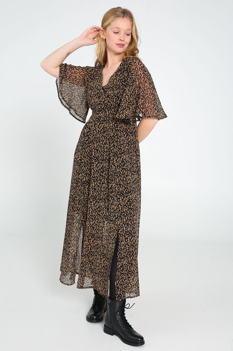 Cassis - Lange jurk in voile met luipaardprint - Zwart | bol.com
