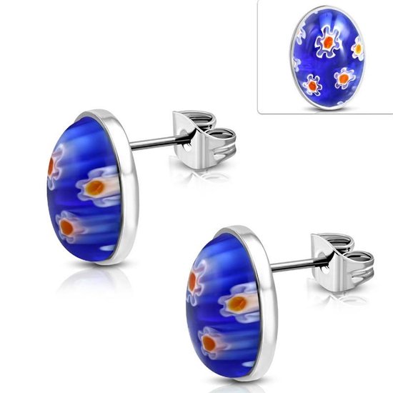 Aramat jewels ® - Bloemen oorbellen zweerknopjes blauw murano glas staal 16mm x 12mm