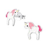 Kinder oorbellen unicorn - eenhoorn - 925 zilver - wit - roze - 9mm