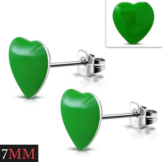 Aramat jewels ® - Hartjes oorbellen groen emaille staal 7mm